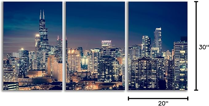 NAN Wind Modern Canvas Painting Chicago Skyline at Night Wall Art Cityscape Picture Print on Canvas Blue City Cool Building Giclee Artwork for Home Office Living Room Bedroom Decoration Framed