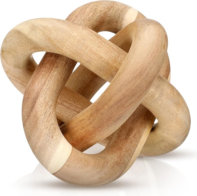 3 Link Wood Knot Decor - Hand Carved Coffee Table Decoration, Boho Chain Link Decor, Modern Shelf, Rustic Objects for Home Living Room Bedroom (Acacia Wood)