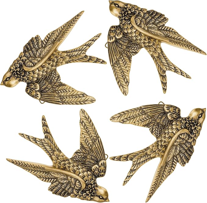 4 Pcs Vintage Bird Wall Sculpture Decor Art 4.7 Inch Antique 3D Sculpted Hanging Bird Resin Wall Art Golden Brass Rustic Floating Ornament for Living Room Garden Indoor Outdoor, Gift for Christmas