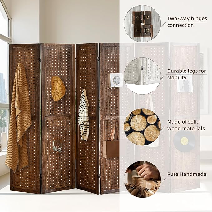 6 Panel Pegboard Display with 24 Hooks,Partition Room dividers, Wooden Room Divider Wall and Folding Privacy Screens, Pegboard Room Divider, Bedroom, Balcony, Dark Brown