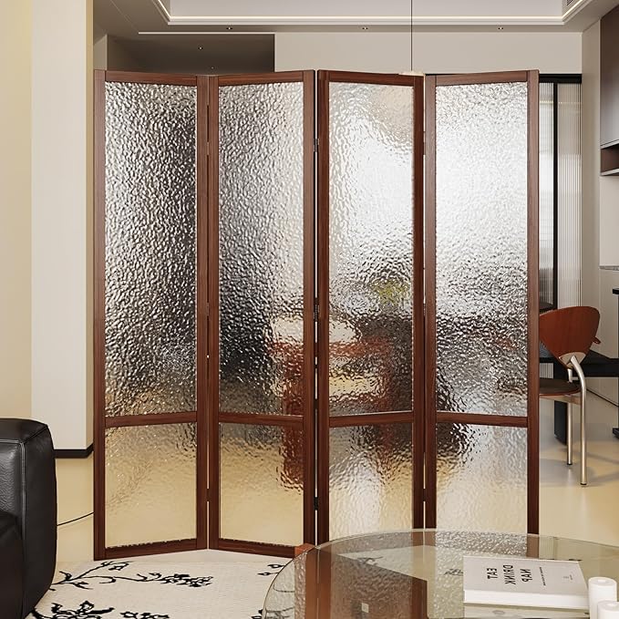 4 Panel Acrylic Room Divider Privacy Screen - Freestanding Frosted Translucent Partition, Lightweight Modern for Home Office Studio (Walnut, 4 Panels)