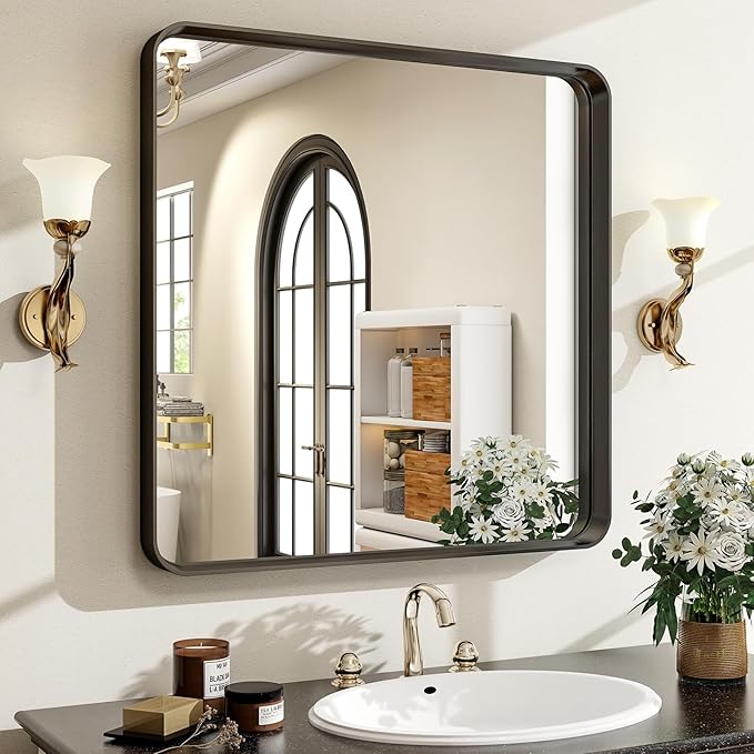 30"x 30" Black Bathroom Mirror - Aluminum Framed Wall Mirror, Bathroom Wall Mounted Vanity Mirror, Modern Bathroom Mirror, Bedroom, Living Room Wall Mirror, Hang Horizontally or Vertically