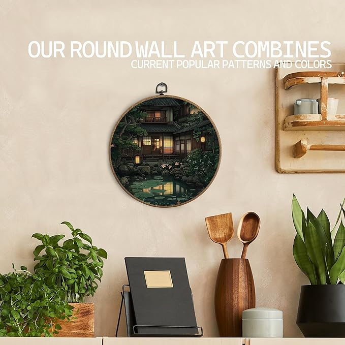 KTYHD Japanese Japandi Wall Art Decor, Traditional Japanese Garden Round Canvas Wall Art, Oriental Landscape Aesthetic Pond Scenery Walls Decor for Living Room Bedroom, Japandi Home Decor