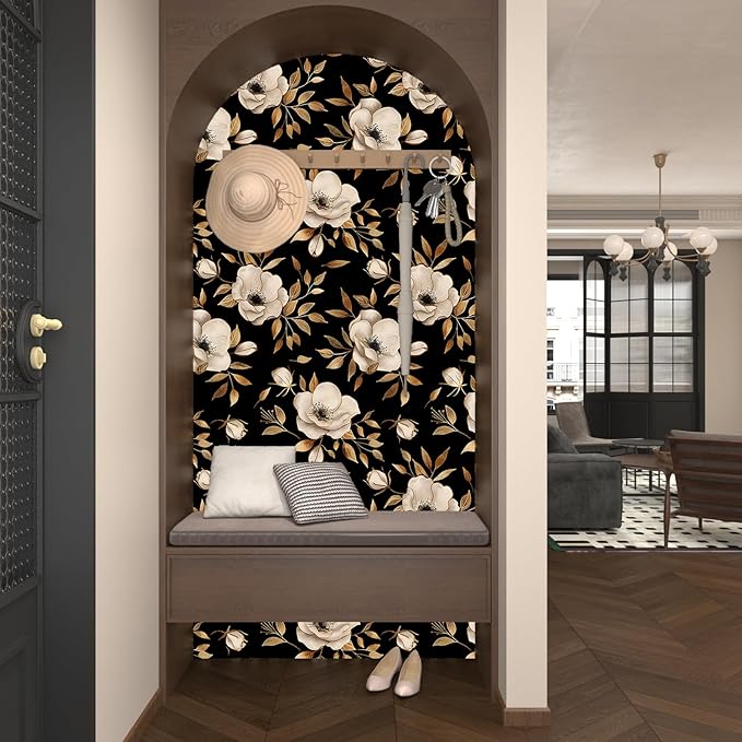 Black Floral Peel and Stick Wallpaper Gold Flowers Contact Paper Self-Adhesive Waterproof Vintage Dark Floral Wall Paper for Bedroom Shelf Liner Cabinet Stair 17.5"x118"