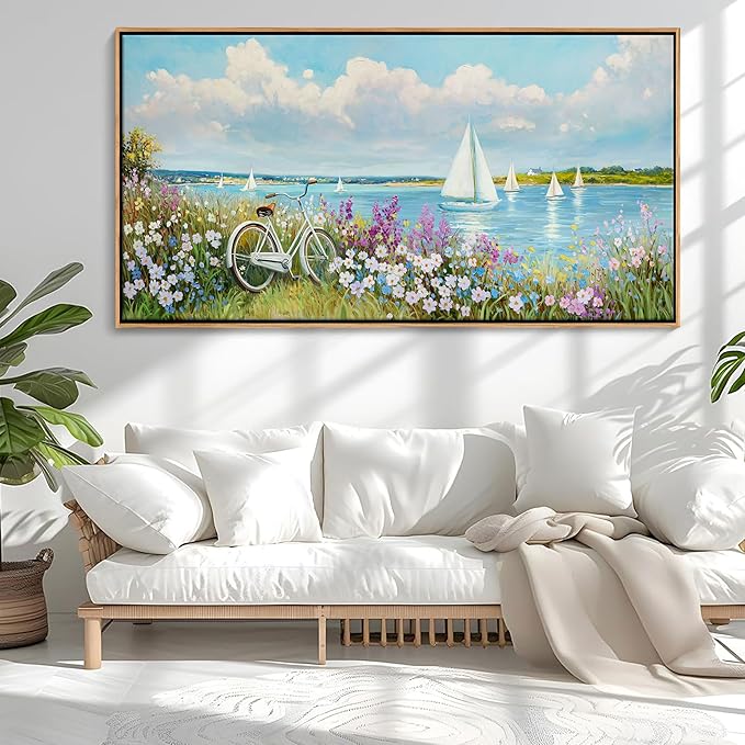 Coastal Wall Art Sailboat Beach Canvas Wall Decor Flower & Landscape Paintings Farmhouse Decor Blue Artwork for Living Room Bedroom Home Office Large Framed Ocean Pictures Wall Decor 29×58IN