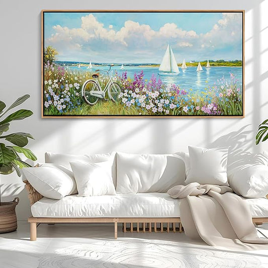 Coastal Wall Art Sailboat Beach Canvas Wall Decor Flower & Landscape Paintings Farmhouse Decor Blue Artwork for Living Room Bedroom Home Office Large Framed Ocean Pictures Wall Decor 29×58IN