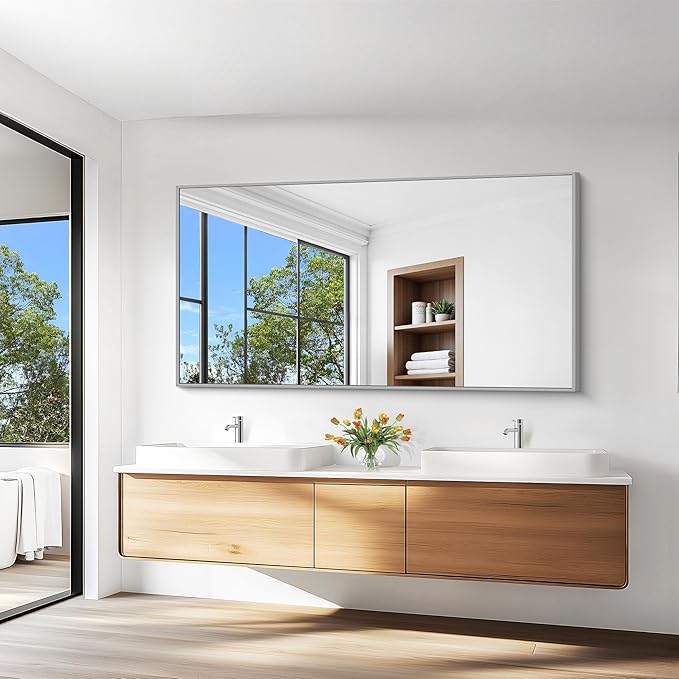 KOCUUY Silver Bathroom Mirror, 60"x30" Large Rectangle Bathroom Mirror for Wall, HD Tempered Glass, Anti-Rust Brushed Silver Frame, Modern Design for Bathroom, Bedroom, Hang Horizontal/Vertical