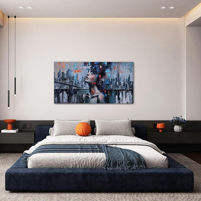 Navy Blue Abstract Wall Art Woman Picture for Living Room Modern Home Bedroom Decoration New York City Framed Cityscape Artwork Decor 20x40IN