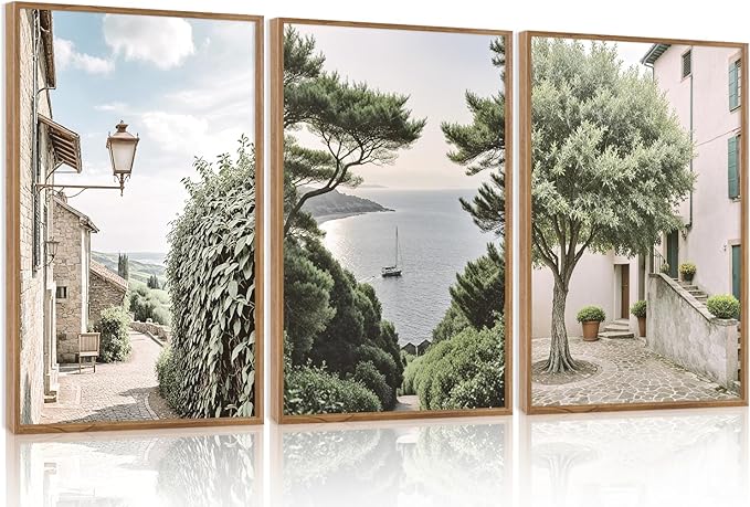Aurlan Neutral Italy Cityscape Gallery Framed Wall Art(24"x36"), 3PCS Vintage Mediterranean Countryside Landscape Canvas Artwork, Large Town Coast Streets Travel Decor Prints for Office Home