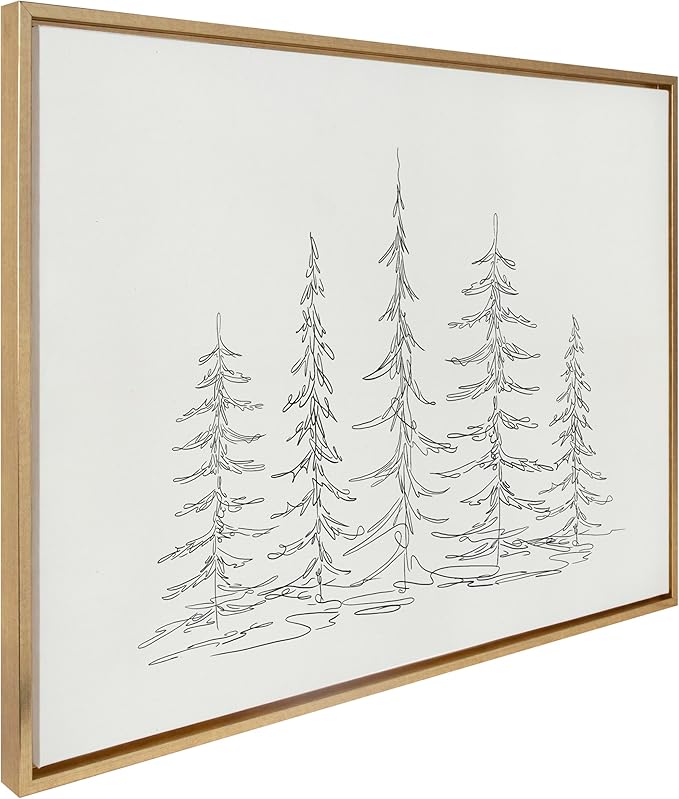 Kate and Laurel Sylvie Minimalist Evergreen Trees Sketch Framed Canvas Wall Art by The Creative Bunch Studio, 28x38 Gold, Modern Minimal Tree Line Wall Art