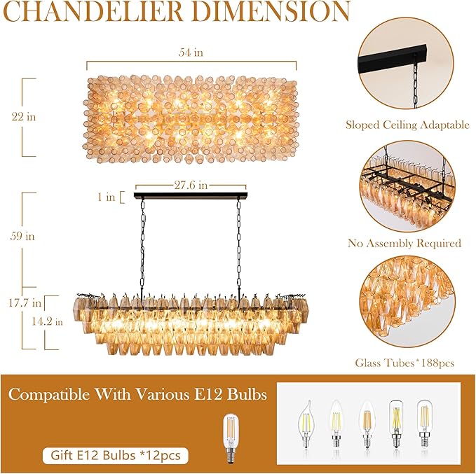 Large Chandelier, 54" Rectangular Drum Chandeliers for Dining Room, 12-Light Modern Round Kitchen Island Hanging Light Fixture for Living Room, Kitchen Island, Foyer- Black