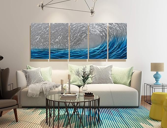 BATRENDY ARTS Extra Large Beach Metal Wall Art Hand-Crafted Blue and Silver Sea Wave Panels Decor Modern Artwork Scupltures for Living Room Decorations