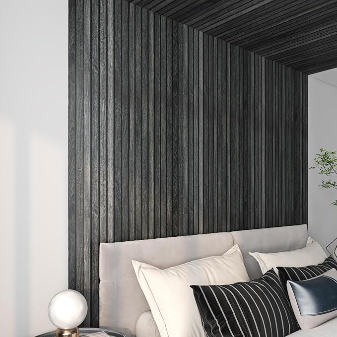 Livelynine Black Wood Slat Wallpaper Peel and Stick Black Faux Beadboard Wallpaper Renter Friendly Waterproof Wall Paper Modern Slate Contact Paper 15.8x78.8 3D Textured Wood Slat Wall Panel Roll