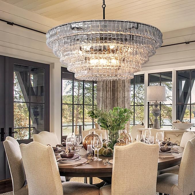 47 Inch Round Chandelier Clear Glass, Extra Large Drum Pendant Light for Dining Room, Modern Crystal Glass Ceiling Fixture Perfect for Living Room, Foyer