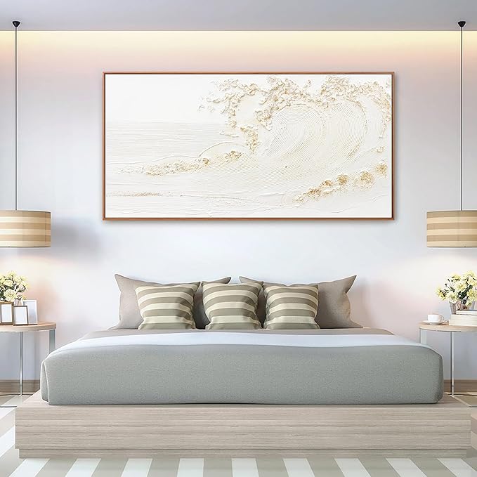 Canvas Wall Art Decor Bedroom Hand Painted White Wave With Golden Embellishments Pictures Decoration Artwork Wall Art Large Modern Painting Pictures For Living Room Home Kitchen Office 29"x58" Inch With Framed