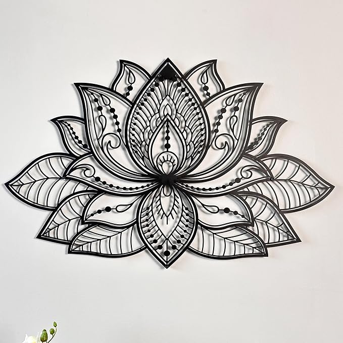 Colorfull Worlds Mandala Metal Wall Decor, Lotus Flower Meditation Room Decor, Minimalist Zen Garden Bohemian Gift for New Year (36" x 23" | 91 x 59 cm, Black)