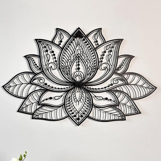 Colorfull Worlds Mandala Metal Wall Decor, Lotus Flower Meditation Room Decor, Minimalist Zen Garden Bohemian Gift for New Year (26.3" x 17" | 67 x 43 cm, Black)