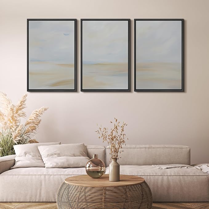 MUDECOR Framed Wall Art Print Set Minimalist Coastal Horizon in Soft Blue and Sand Colors Illustrations Modern Art Boho Decorative Chic for Living Room, Bedroom, Office - 24"x36"x3 Black