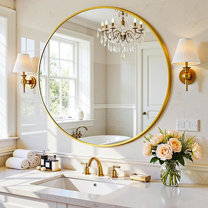 Antok Wall Mirror, 24"x24" Bathroom Vanity Mirror, Anti-Rust HD Tempered Glass, Wall Mounted Mirrors for Living Room, Entryway, Gold Frame, Round