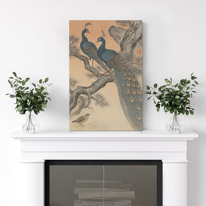 wall26 Canvas Print Wall Art Vintage Chinese Peacock Traditional Oriental Bird Rustic Dramatic Dark Duotone for Living Room, Bedroom, Office - 32"x48"