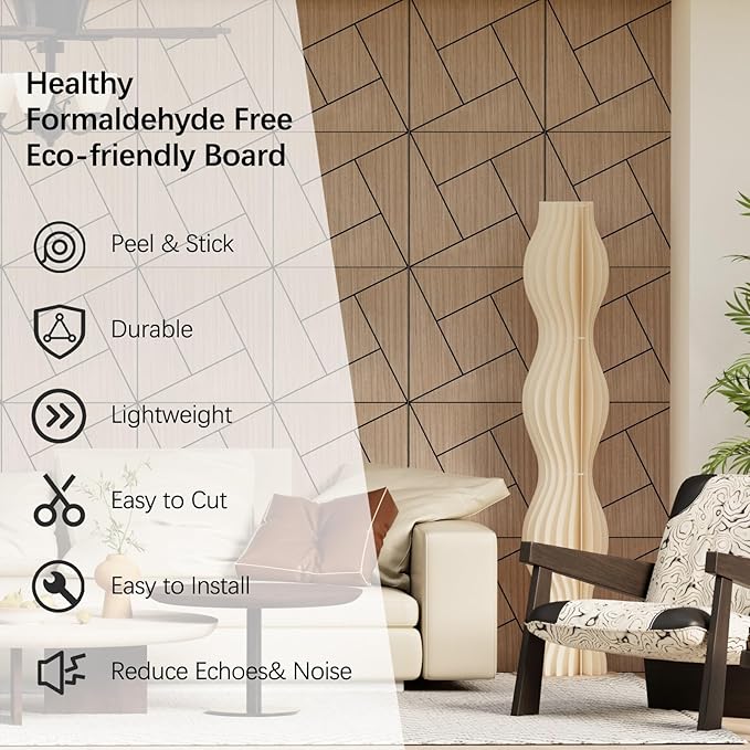 4 Packs Acoustic Wall Panels - Self-Adhesive 3D Wood Slat Wall Panel- Peel and Stick Sound Absorbing Panels for Noise Reducing - Feature Wall Decor for Home & Office