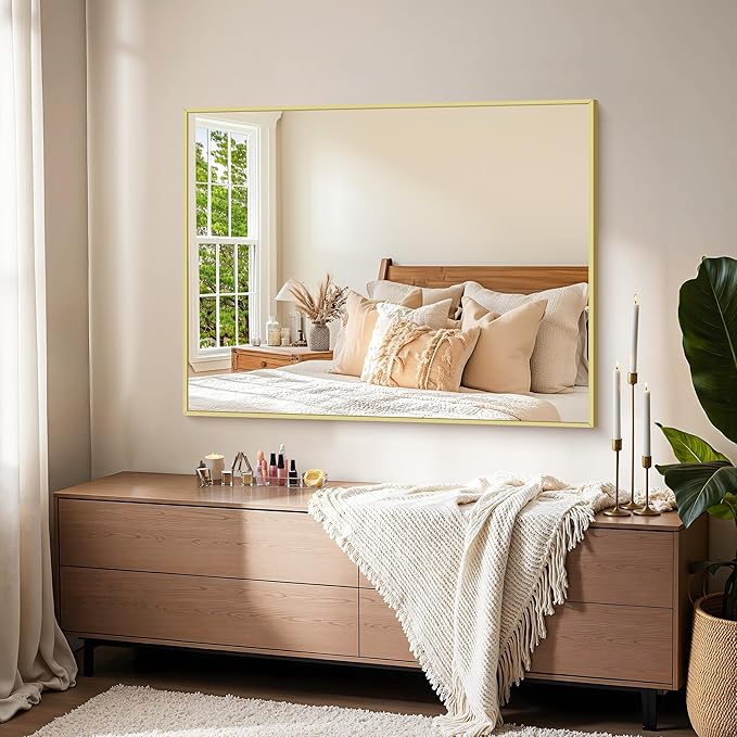 KOCUUY Gold Mirror, 48"x36" Large Gold Bahtroom Mirror for Over Sink, Metal Frame Rectangle Mirror with Modern Design for Bathroom, Living Room, Farmhouse, Entryway, Hang Horizontal/Vertical