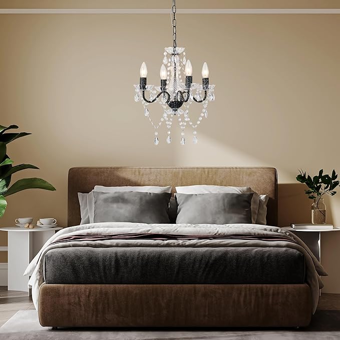 LaLuLa White and Black Chandelier Small Acrylic Crystals Chandeliers Modern 4 Light Pendat Lighting for Kitchen and Dining Room