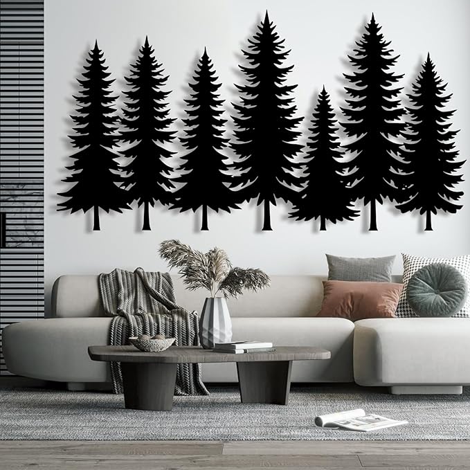 lunwall Metal Pine Tree Wall Art, Metal Forest Wall Art, Pine Branch Wall Decor, Christmas Tree Wall Decor, Forest Wall Hanging, Nature Lover Gift (Style 1, 53" W x 29" H / 135 x 73 cm)