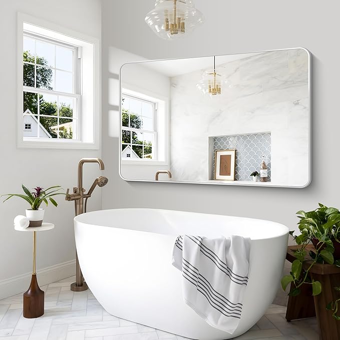 BONEWEI Silver Bathroom Mirror,60x40 inch Wall Mirror for Bathroom Wall Mounted,Rectangle Mirror for Bathroom Over Sink,Modern Frame Round Corner for Living Room,Bedroom Entryway,Horizontal/Vertical