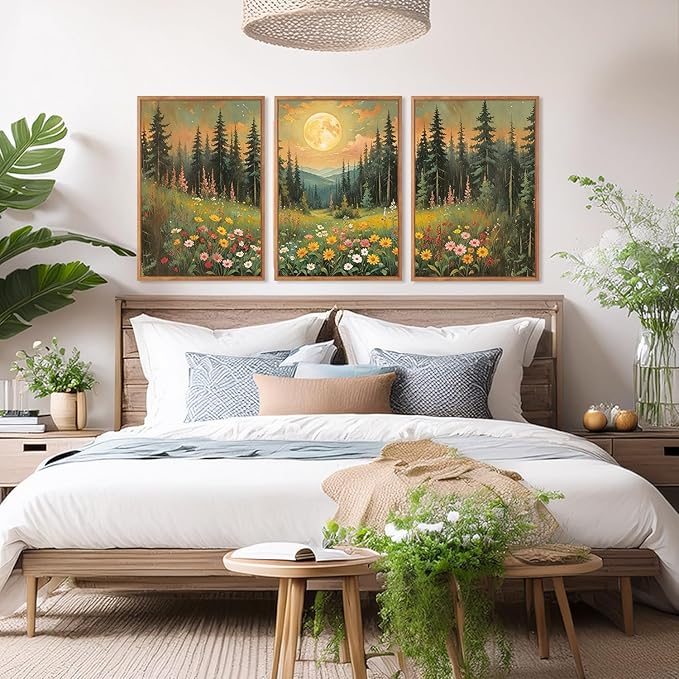 CHDITB Moonlit Forest Floral Framed Canvas Wall Art Set, Nature Inspired Wall Decor, Mystical Midnight Spiritual Wall Painting, Vintage Mountain Landscape Art Prints for Living Room, Bedroom, 16"x24"