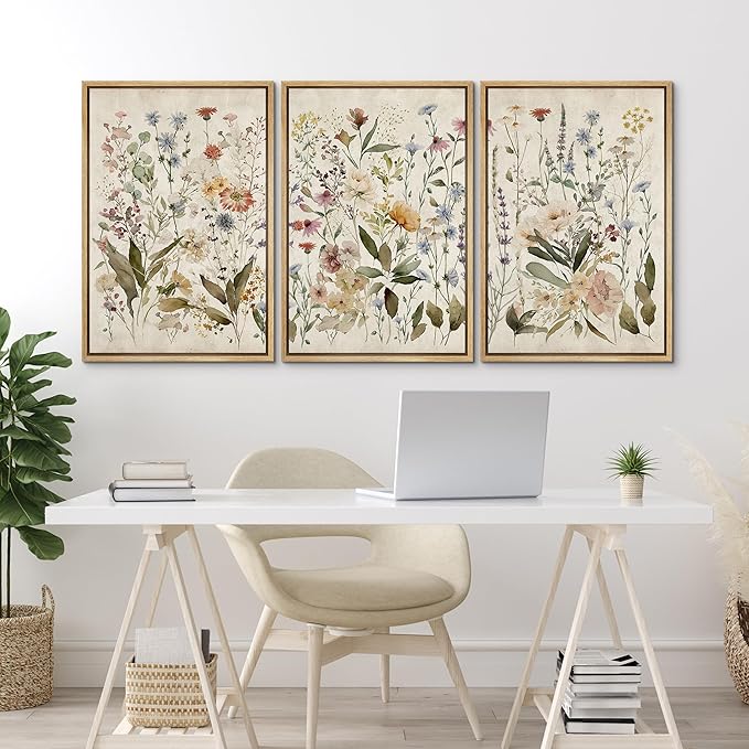 MUDECOR Framed Wall Art Print Set Blooming Wildflowers Illustrations Modern Art Decorative Colorful Chic for Living Room, Bedroom, Office - 24"x36"x3 Natural
