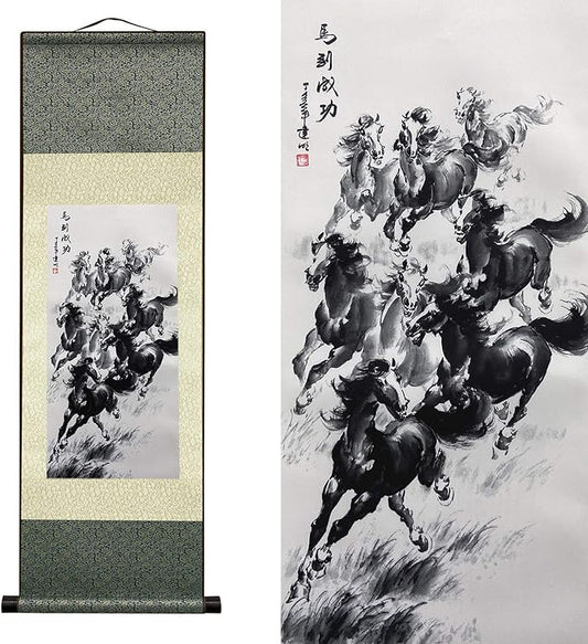 AtfArt Asian Wall Decor Beautiful Silk Scroll Painting Horse to Success - Win Instant Success Oriental Decor Chinese Art Wall Scroll Wall Hanging Painting Scroll (36.2 x 12 in)