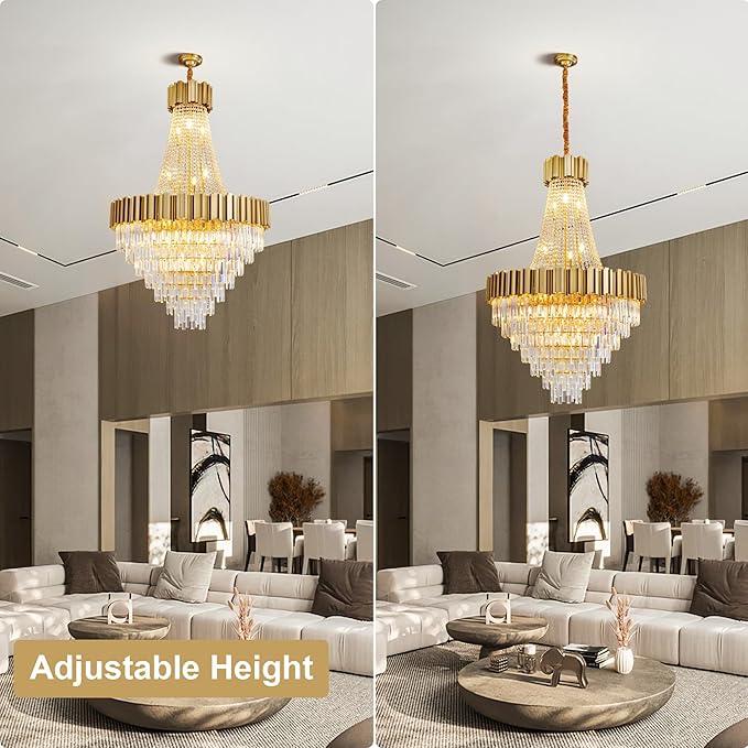 54" Long Crystal Chandelier for High Ceilings, 21-Light Modern Gold Large Chandeliers for Staircase, Foyer, Entryway, Living Room, Hallway, Luxury Top K9 Crystal Tiered Ceiling Light Fixture