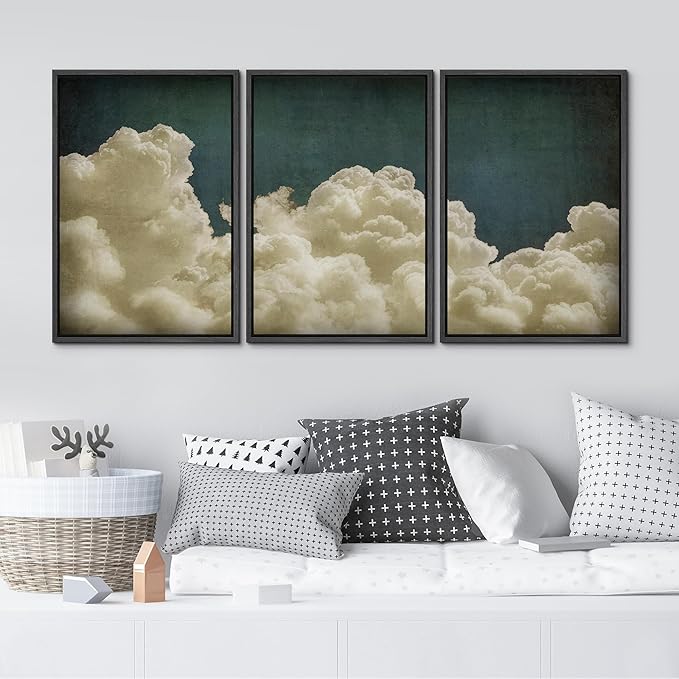 MUDECOR Framed Wall Art Print Set Vintage Cloudscape Dreamy Cotton Clouds Illustrations Modern Art Decorative Colorful Chic for Living Room, Bedroom, Office - 16"x24"x3 Black