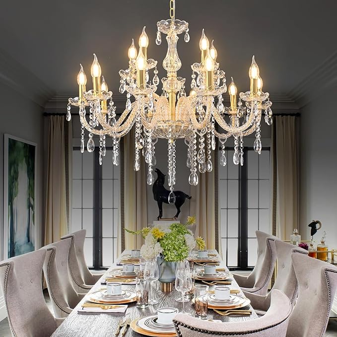 MALOSA Luxury Gold Large Crystal Chandelier for Living Room,Dining Room,Bedroom,Hallway 15 Lights 30.7"