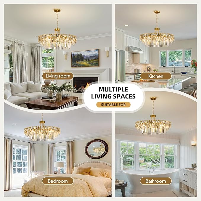 Modern Large Round Crystal Chandelier - 31.5'' Gold Luxury K9 Crystals Chandeliers for Dining room,Contemporary 3 Tier Raindrop Chandelier for Living room Bedroom Foyer Kitchen (Include light bulb)