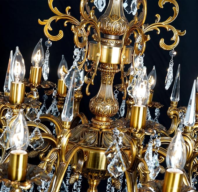 Modern Chandelier Lighting Antique Gold Crystal Chandeliers for High Ceiling Foyer Entryway Living Room 15-Light Crystal Candle Chandelier Light Fixture Staircase Oversize Round 36.4"