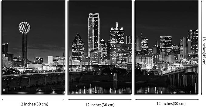 NAN Wind 3 Pcs Black & White Canvas Art - Dallas Skyline Downtown Cityscape Night Scene Picture Prints On Canvas for Home Decor