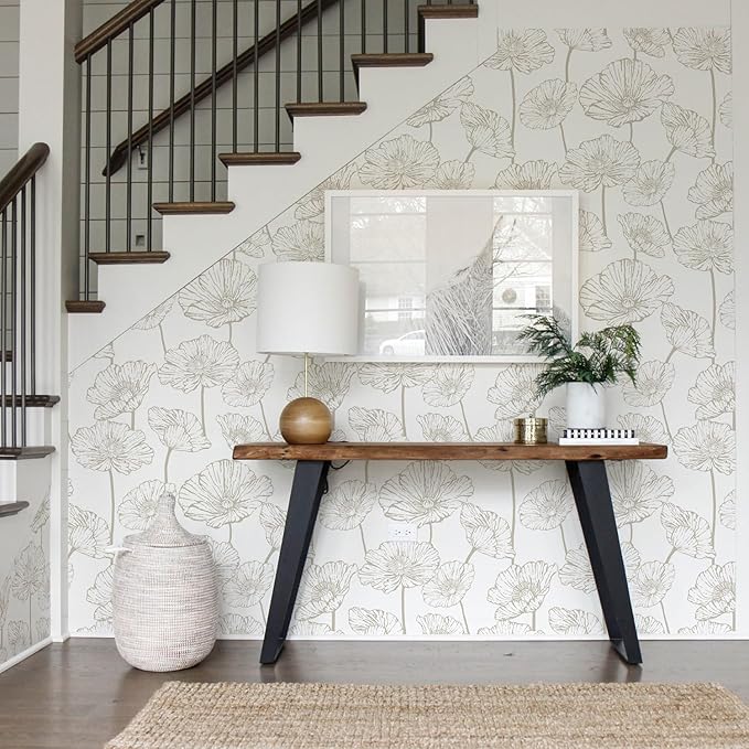 Orainege Peel and Stick Wallpaper Beige and White Floral Wallpaper 17.3inx118.1in Self Adhesive Contact Paper Removable Decorative Wall Paper for Bedroom Bathroom Cabinets Decor Vinyl