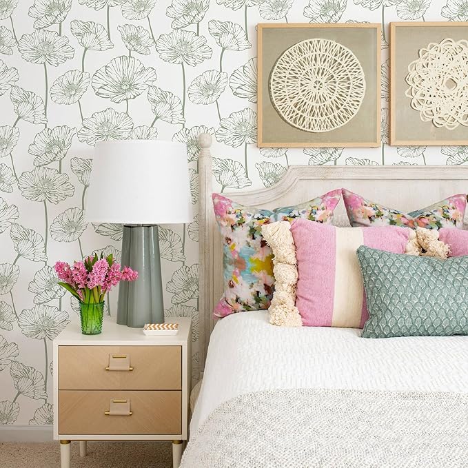 Orainege Floral Peel and Stick Wallpaper Boho Contact Paper Green and White Wallpaper Self Adhesive Removable Decorative Wall Paper 17.3inx393.7in