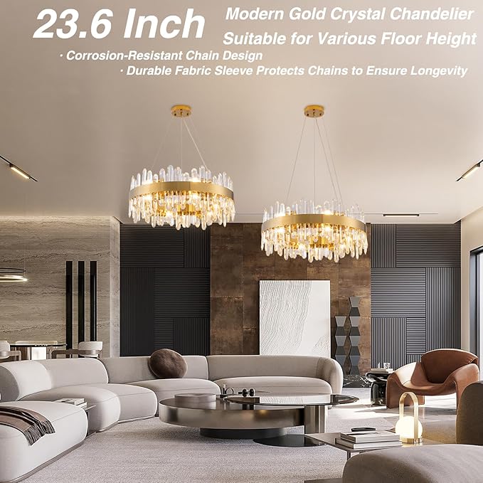 Modern Crystal Chandelier,Luxury Round 2 Tiers K9 Crystal Chandelier, 12-Light Brass Gold Round Flush Mount Ceiling Light Fixture for Dining Room Kitchen Foyer,D 23.6"