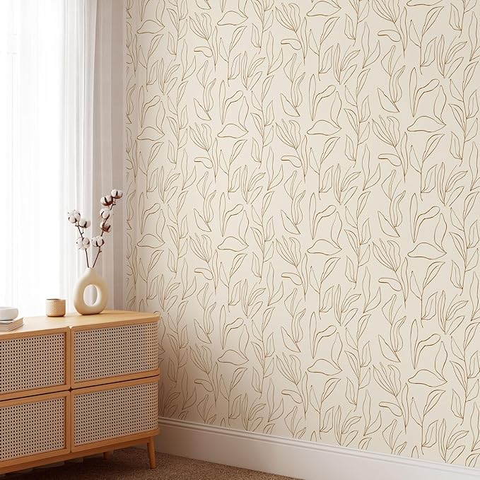 Modern Boho Leaves Wallpaper | Removable Self Adhesive Minimalistic Wallpaper | Neutral Floral Peel and Stick Wallpaper (1 roll 24" W x 108" H)