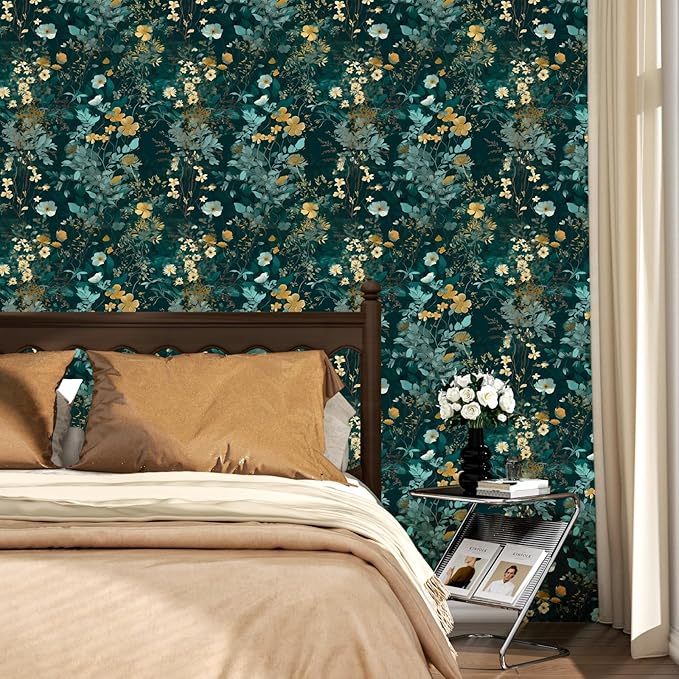 Blue Floral Peel and Stick Wallpaper Boho Leaf Contact Paper Dark Watercolor Removable Self Adhesive Waterproof Wall Paper for Cabinet Drawers Wall Decor Renter Friendly 17.5''x118.1''