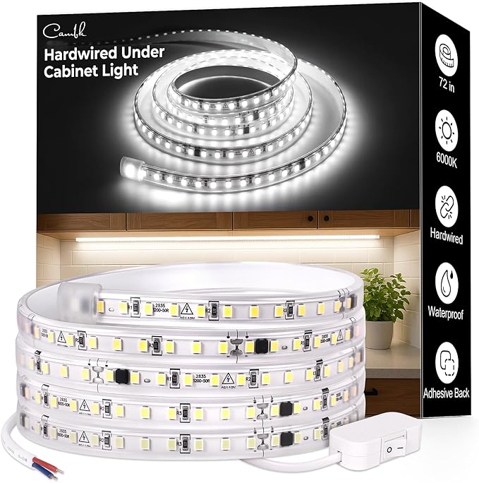 72inch Hardwired Under Cabinet Lighting for Kitchen,120V Wired Undercounter Led Strip Lights 6000K White Waterproof, Luces para Cocina Bajo Gabinete Under Shelf Lights for Sink/Workbench