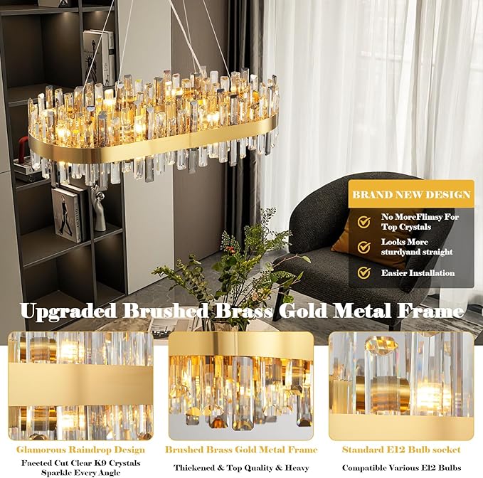 Modern Crystal Chandeliers, Luxury Rectangular 2 Tiers K9 Crystal Chandelier, 16-Light Brass Gold Rectangle Oval Flush Mount Ceiling Light Fixture for Dining Room Kitchen Foyer, L35.4''