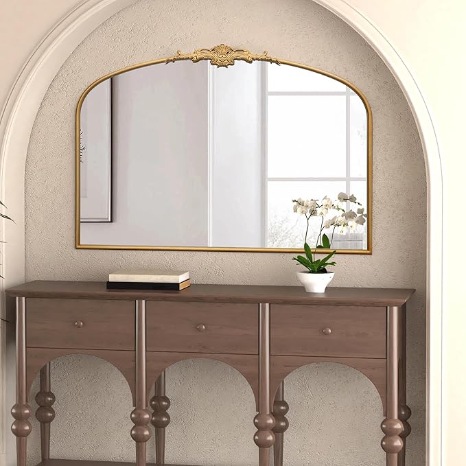 Antique Arched Large Mirror: 48"x33" Oversize Gleaming Gold Vintage Wall Mounted Mirror - Baroque Traditional Ornate for Fireplace/Bathroom/Hallway - Home Decor for Housewife