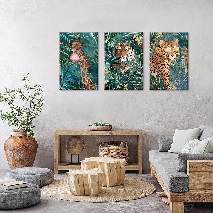 Large Boho Animal Canvas Wall Art Living Room Bedroom Wall Decor Tiger Leopard Giraffe Wildlife Paintings Vintage Green Leaves Plants Artwork Kitchen Turquoise Bohemia Home Decorations 24x36" 3 Pieces