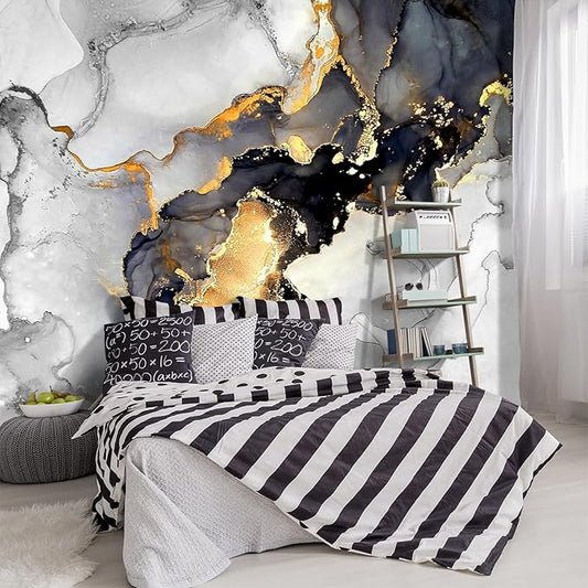 -Grey and White Marbled Fabric Wallpaper Living Room Abstraction Art Bedroom Bathroom Wall Mural- 91"x65"（ not Peel and Stick）