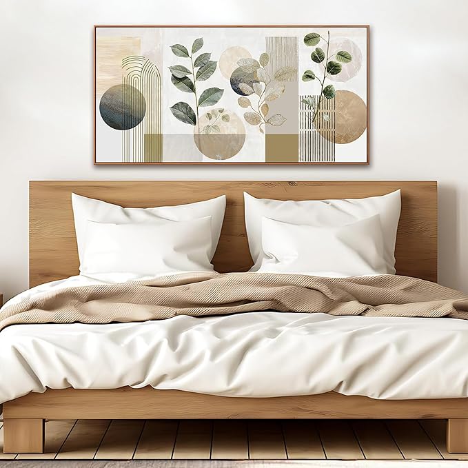 Boho Wall Art Minimalist Canvas Wall Art Decor Geometric Line Leaf Beige Green Wall Art Canvas Artwork Print Paintings Abstract Art Botanical Boho Room Office Home Wall Decor 20" X 40" With Framed
