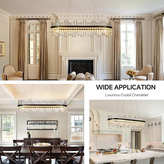 Black Modern Led Crystal Chandelier: 39.3" Rectangle Linear 3 Color Dimmable Chandeliers for Dining Room Over Table - Luxury Rectangular Contemporary Oval Light Fixture for Living Room Bedroom Foyer